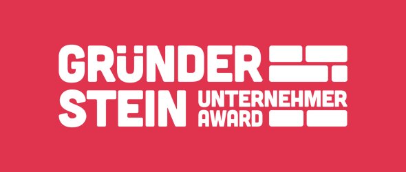 Logo des „Gründerstein Unternehmer Award“ mit weißem Schriftzug auf rotem Hintergrund.