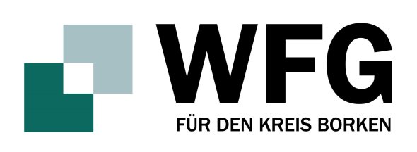 Logo der WFG für den Kreis Borken mit zwei ineinandergreifenden Quadraten in Grün- und Grautönen. Rechts daneben steht der Schriftzug „WFG für den Kreis Borken“.