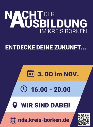 Werbegrafik zur „Nacht der Ausbildung im Kreis Borken“. Enthalten sind Informationen zum Termin, zur Uhrzeit sowie ein QR-Code und der Hinweis „Wir sind dabei!“.