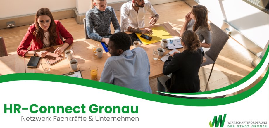 Werbegrafik für „HR-Connect Gronau – Netzwerk Fachkräfte & Unternehmen“. Zu sehen ist eine Gruppe von Menschen an einem Besprechungstisch in einem hellen Raum. Unten rechts befindet sich das Logo der Wirtschaftsförderung der Stadt Gronau.