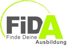 Logo mit dem Schriftzug „FiDA – Finde Deine Ausbildung“. Die Buchstaben sind in Grau und Hellgrün gestaltet, ergänzt durch einen halbkreisförmigen grünen Bogen oberhalb des Logos.