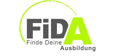 Logo mit dem Schriftzug „FiDA – Finde Deine Ausbildung“. Die Buchstaben sind in Grau und Hellgrün gestaltet, ergänzt durch einen halbkreisförmigen grünen Bogen oberhalb des Logos.