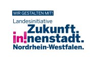 Logo der Landesinitiative „Zukunft. Innenstadt. Nordrhein-Westfalen.“ mit blauem und pinkfarbenem Schriftzug auf weißem Hintergrund.