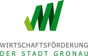 Logo der Wirtschaftsförderung der Stadt Gronau mit einem stilisierten grünen „W“ in verschiedenen Grüntönen. Unter dem Symbol steht der Schriftzug „Wirtschaftsförderung der Stadt Gronau“.